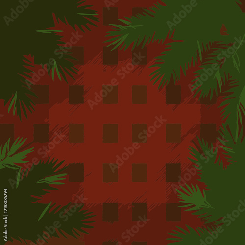 Christmas fir branches with a rustic red and brown plaid background. Decorative greenery and texture for a winter holiday theme. Versatile design element for a professional use.
