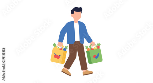 Man carrying grocery bags a flat vector illustration on a white background