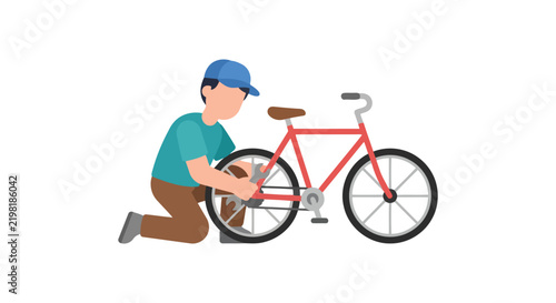 Man kneeling repairs a red bicycle with spoked wheels flat vector illustration