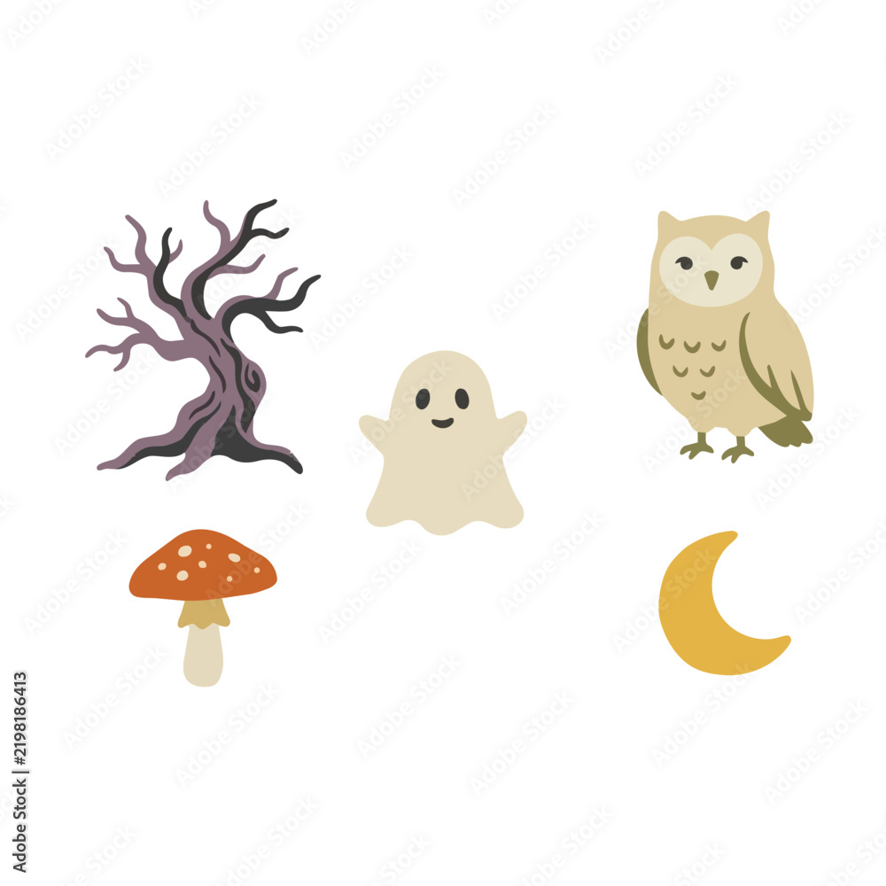 Obraz premium Whimsical Spooky Autumn Forest Halloween Elements with Bare Tree Owl and Ghost Retro Vector Icons