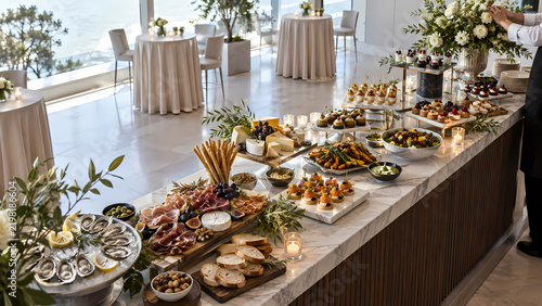 Elevated view of an elegant gourmet buffet arranged with assorted appetizers, pastries and floral decor on a long serving table, overlooking a bright waterfront venue prepared for a catered reception
