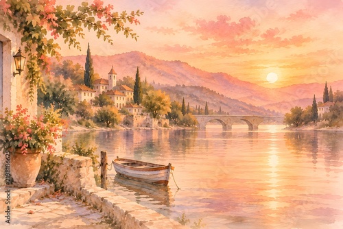 Watercolor European river landscape with wooden boat, stone bridge, coastal village, and sunset painting
