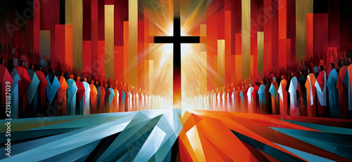 a digital abstract artwork depicting a tall black cross at the center, 
