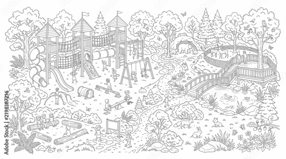 Fototapeta premium Children playing at a detailed park playground coloring page