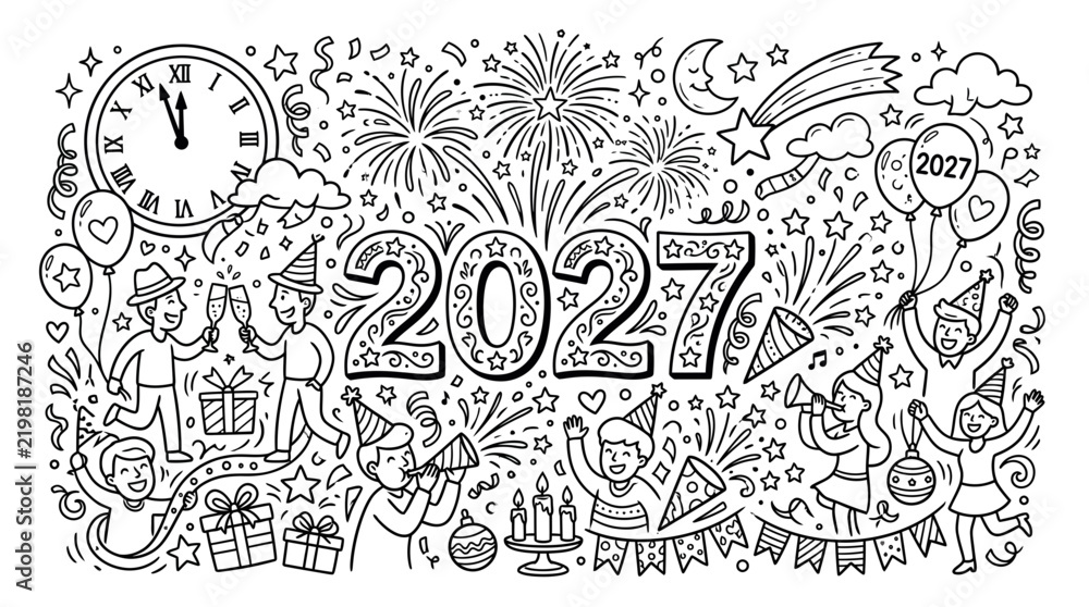 Obraz premium Happy people celebrating new year 2027 doodle vector illustration