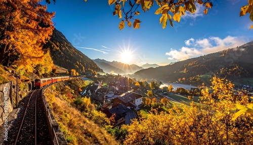 Scenic Autumn Train Journey Through The Swiss Alps at Sunrise.