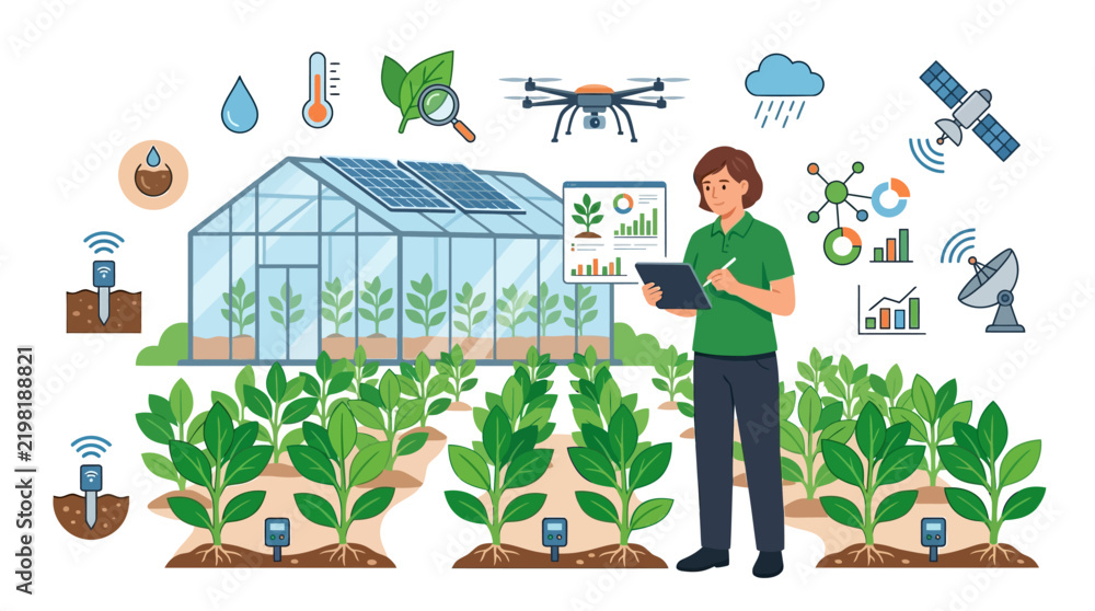 Fototapeta premium Flat vector illustration of a female agronomist using a digital tablet to monitor a smart farm featuring a solar-powered greenhouse, drones, soil sensors, and satellite data analytics icons.