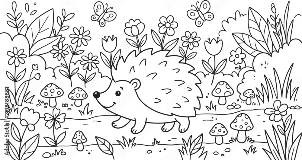 Fototapeta premium A delightful and charming coloring page featuring adorable animals in a whimsical forest setting perfect for kids and creative adults alike