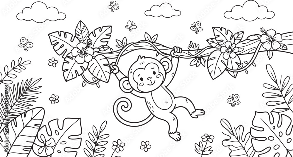 Fototapeta premium Enjoy a delightful coloring experience with this adorable monkey swinging through the trees perfect for kids of all ages