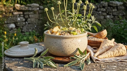 Parsnip, leek and white bean stew with sage in a speckled ceramic pot, arranged beside raw roots and pearl grain on a stone garden table where low sunlight gives the scene a homestead feel outdoors