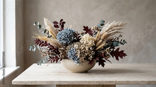 Dried floral arrangement in terracotta bowl on neutral wooden surface with autumn leaves