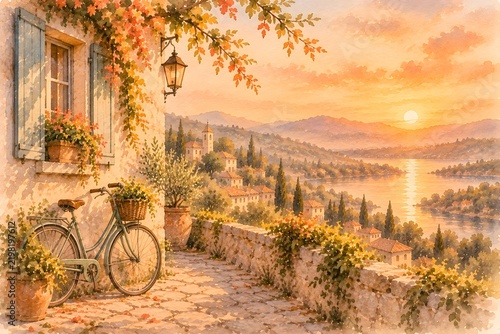 Watercolor Mediterranean terrace view with vintage bicycle, stone house, cypress trees, and sunset sea landscape painting
