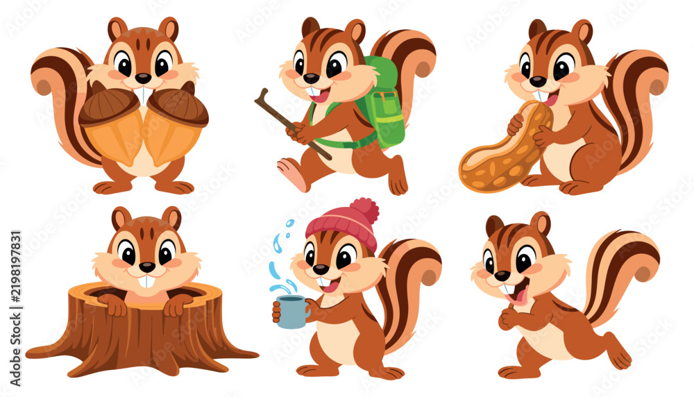Obraz premium Cute Cartoon Chipmunk Character Vector Set Featuring Adorable Squirrels Hiking Holding Acorns Eating Peanuts and Sitting in Tree Trunk Stumps