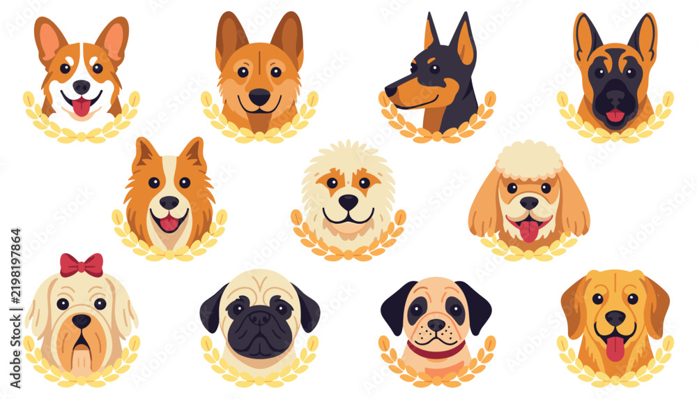 Obraz premium Cute Dog Breed Avatar Vector Illustration Set Featuring Adorable Puppy Faces with Golden Wreaths Including Corgi Pug German Shepherd and Golden Retriever