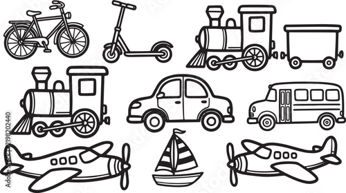 Children toy vehicles vector collection with trains cars bicycle and airplanes.