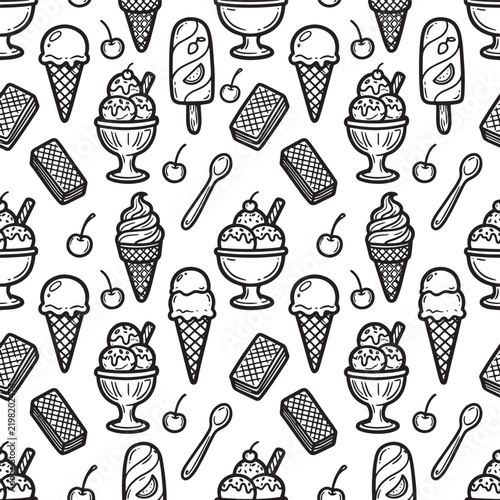 Sweet ice cream scoops and wafer cookies seamless pattern on checkered background.