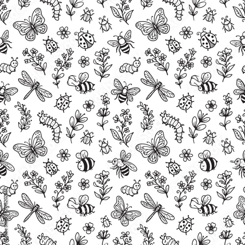 Spring garden insects and wildflowers seamless pattern with bees and butterflies.