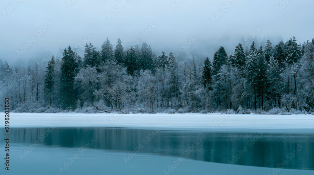 Obraz premium Serene winter landscape with snow-covered pine forest reflecting in calm frozen lake on misty day