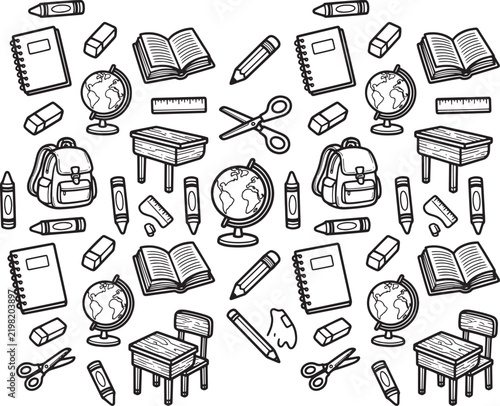 Back to school classroom supplies and stationery pattern on transparent background.