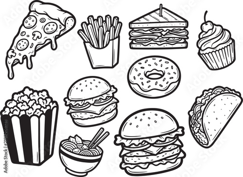 Monochrome fast food doodle collection with pizza burger and fries on gray checkerboard.