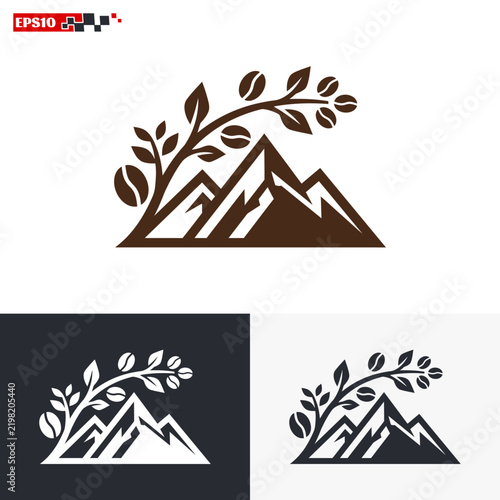 Coffee bean plant growing over mountain peaks logo design.