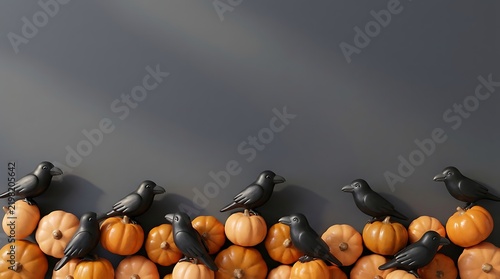 Black ravens perched on a border of orange pumpkins, dark background