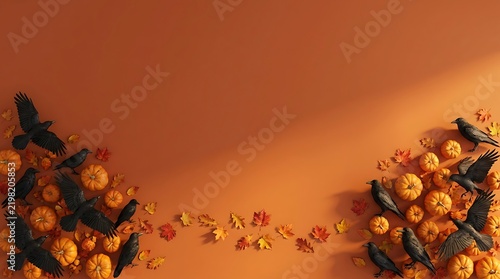 Black ravens, pumpkins, and autumn leaves on an orange background