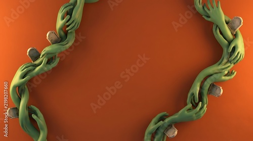 Green zombie hands framing a burnt orange background, with small tombstones