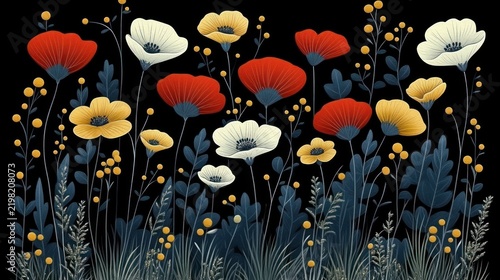 Colorful flowers dance gracefully against a deep black canvas showcasing nature's beauty