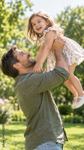 Happy father lifting laughing young daughter outdoors in sunny green park
