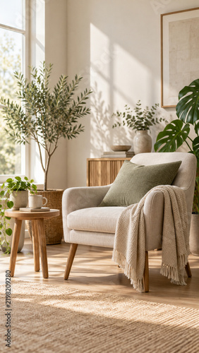 Cozy Scandinavian style living room with armchair, indoor plants and warm natural sunlight
