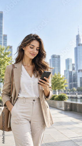 Confident young businesswoman using smartphone outdoors in modern city business district