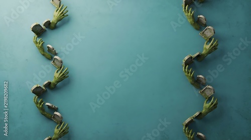 Zombie hands and tombstones border on teal background