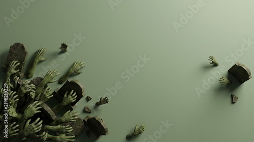 Zombie hands rising from graves on a sage green background