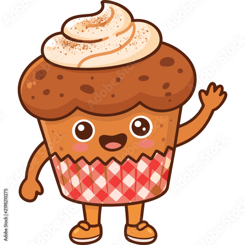 Cute cartoon muffin mascot character waving hand vector illustration isolated on white background