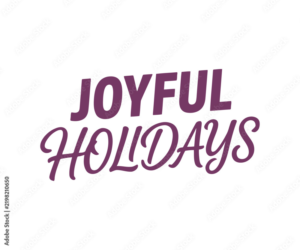 Fototapeta premium Joyful holidays purple typography on white background, for christmas greeting, cards and winter, seasonal decorations for, festive celebration projects