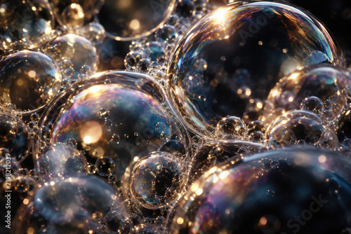 Iridescent Bubbles with Golden Bokeh Light Effects