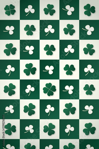 A Decorative Background Pattern Featuring Green and White Shamrocks and Lucky Four Leaf Clovers for Celebration