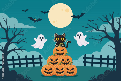 Halloween black cat on pile of pumpkins with ghosts, full moon, and bats in flat 2D style. Vector illustration for spooky night scene.