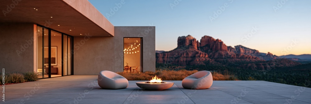 Fototapeta premium Minimal modern patio with paired lounge chairs and circular fire bowl framed by desert cliffs at dusk for promotional background and wallpaper