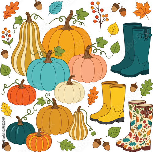 Colorful autumn pumpkins and rain boots pattern for fall season design