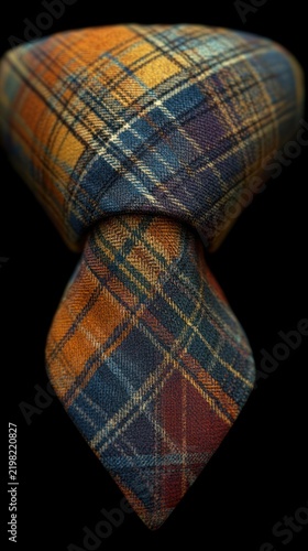 A beautifully knotted tie features a blend of rich colors and a stylish plaid design