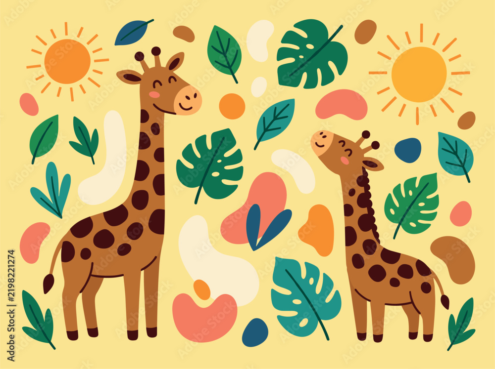 Obraz premium Wildlife and jungle flat illustration with giraffes leaves and sun shapes for print design in colorful vector style