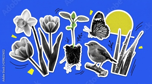 Spring equinox object collage with blooming flowers, seedling, butterfly, bird, fresh grass and rising sun on a vivid blue background