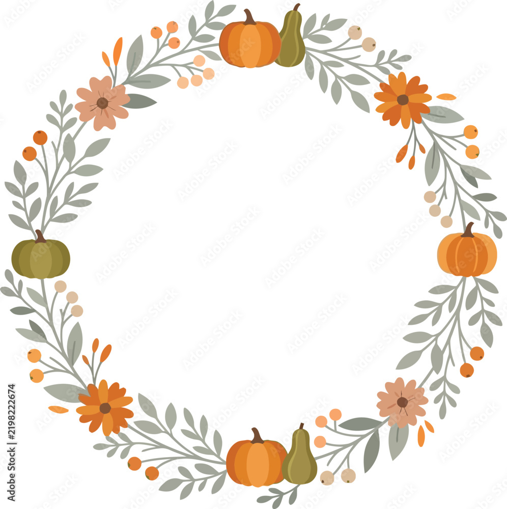 Fototapeta premium Autumn wreath vector illustration with fall leaves, pumpkins, and flowers