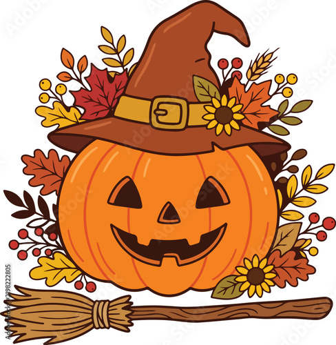 Cute jack o lantern pumpkin wearing a witch hat for halloween