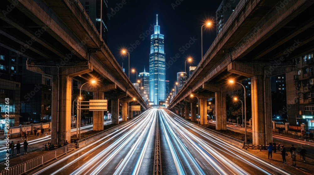 Fototapeta premium Stunning night cityscape featuring a vibrant light effec with long exposure car trails under a modern skyscraper
