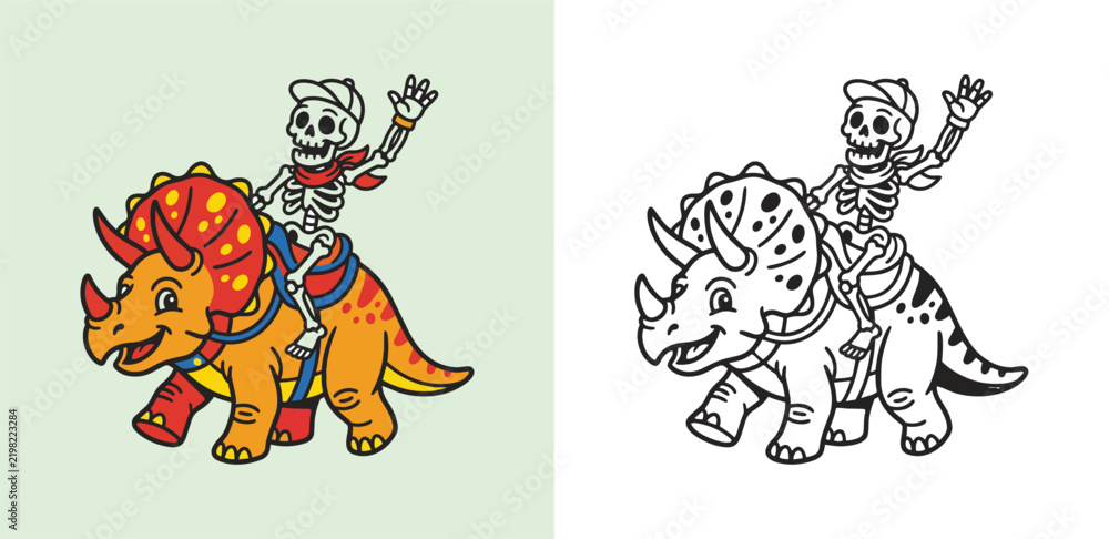 Obraz premium Cheerful Skeleton Pirate Riding Colorful Cartoon Triceratops Vector Illustration with Flat Design Style dinosaur playful character animal lines clean geometric