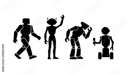 Futuristic robot silhouette set with four different humanoid machine designs isolated on white