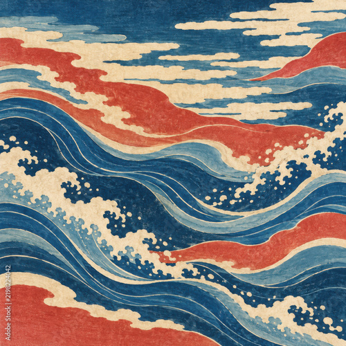 Stylized Blue and Red Ocean Waves with White Foam
